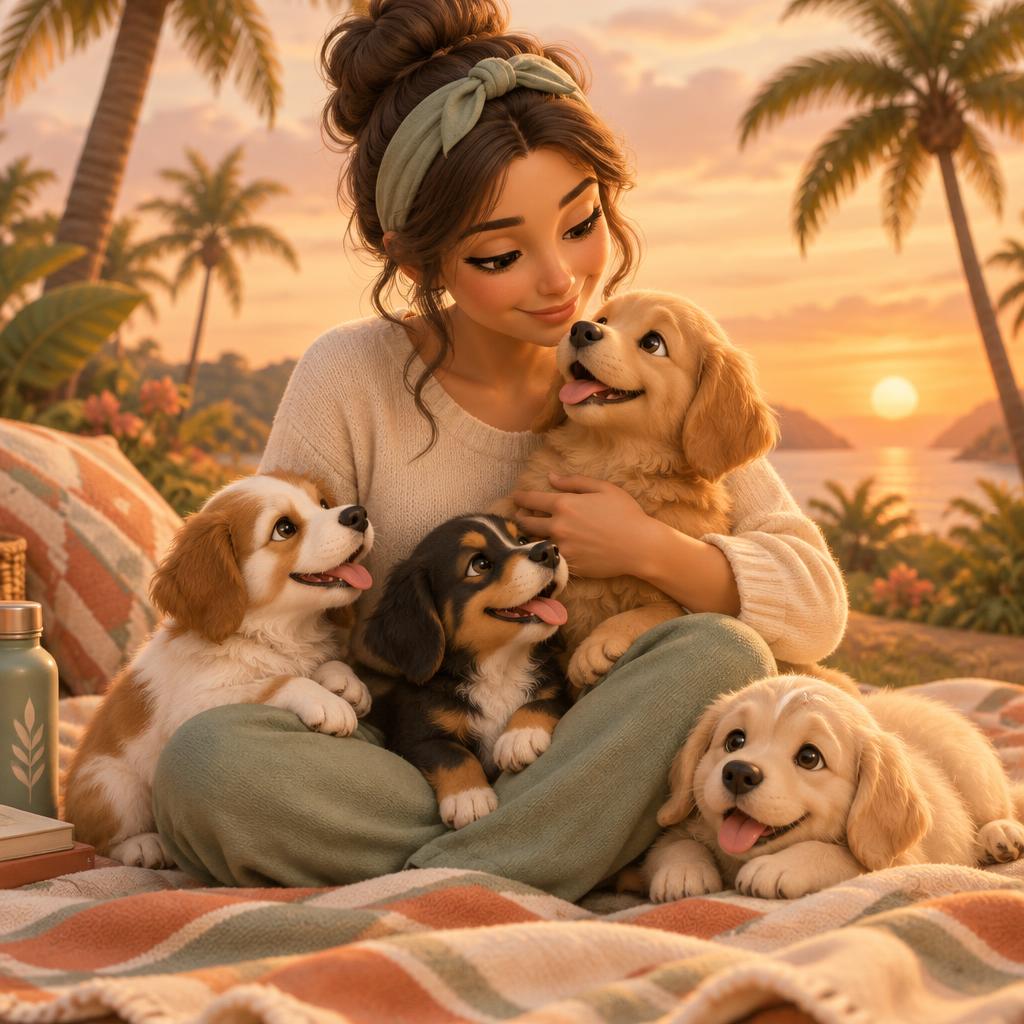 Foster carer comforting puppies at sunset